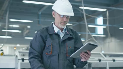 Der leitende Ingenieur mit Schutzhelm benutzt einen Tablet-Computer in einer Fabrik.
