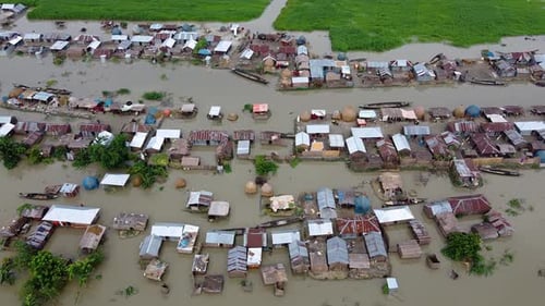 Aerial view of flooded village, Bangladesh.