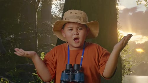 Boy Doubtfully And Asking Why After Use The Binoculars While Exploring Nature