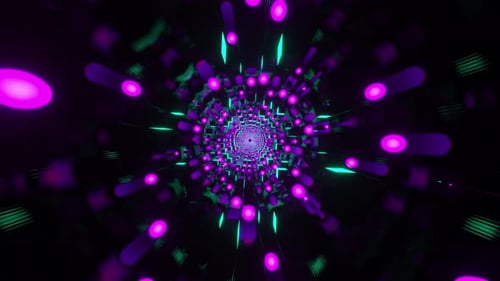 Pink circles and green squares float in zero gravity. Looped animation