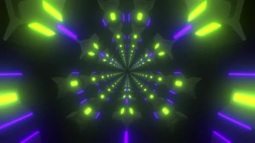 Яркий неоновый туннель с футуристическими геометрическими формами и светящимися огнями