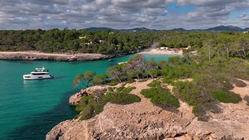 Aerial View of Yachts Anchoring in a Bay in Mallorca