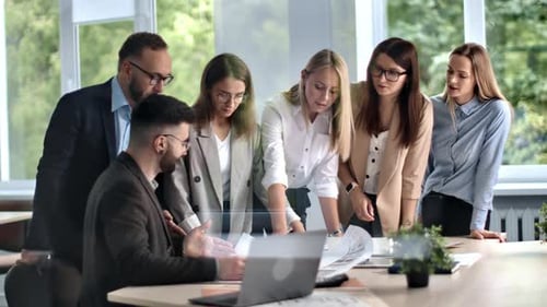 Architecture Industrial Designer Team Presentation Blueprint Project Plan to Boss at Office Desk