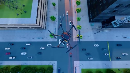 Delivery Drone Flies Over City Streets