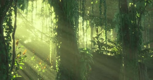 Sunbeams Filtering Through Lush Jungle Forest Trees