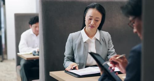 Japanese, corporate and people with documents in office for finance report