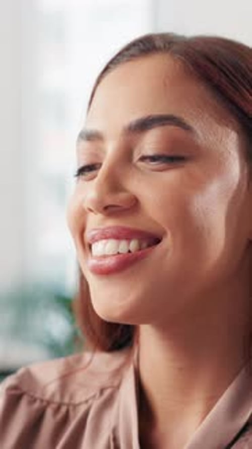 Smile, creative and woman reading in office for research, proofreading and draft update