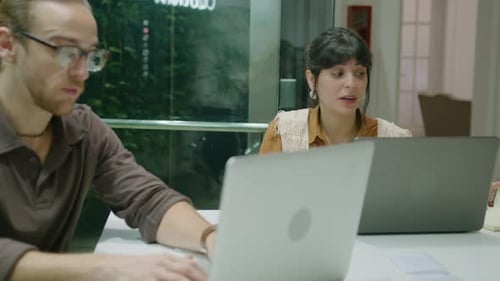 Two Colleagues Working Together and Discussing Job in the Office