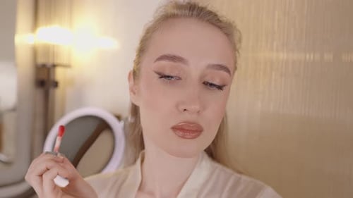 Close Up of a Stunning Blonde Woman with Perfect Makeup Applying Shiny Lip Gloss While Looking in a