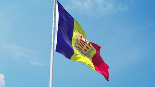 Realistic 3D Andorra Flag Waving in Wind Against Blue Sky