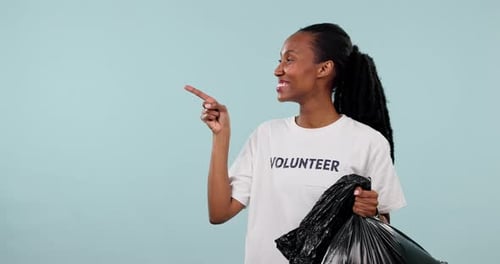 Plastic bag, black woman point or volunteer thumbs up for trash cleaning agreement
