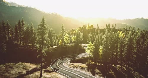 Estrada panorâmica sinuosa através de exuberantes montanhas arborizadas durante a Hora Dourada