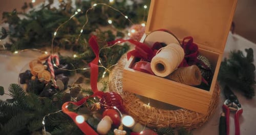 Festive Christmas Wreath Materials with Ribbons and Lights