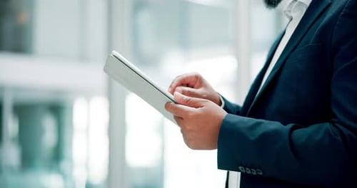 Hands, networking and man in office with tablet, scroll and checking online business review