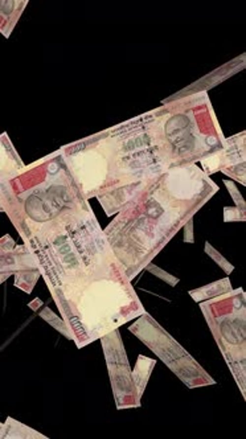Money Explosion - 1000 Indian Rupee Bills - I - Center Blast - Vertical Screen - Alpha Channel