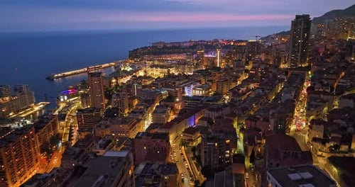 Aerial View of City Centre of Monaco with Night Lights France