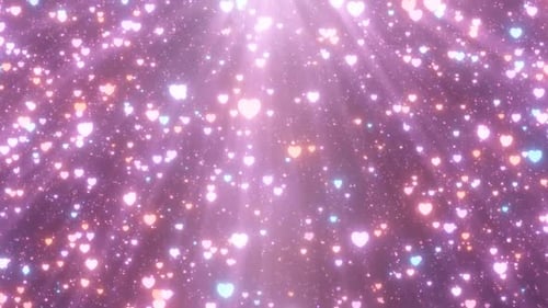 Wunderschöne rosafarbene Herzen und schimmernde Lichtstrahlen, die herabregnen