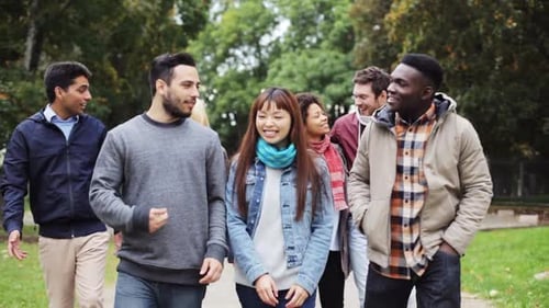 Diverse friends group walking and talking in park