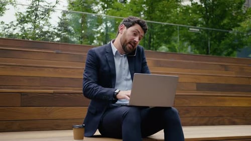 Angry Caucasian Businessman Arguing Mobile Phone Call Outdoors City Work Laptop Busy Employer