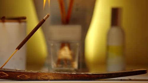 Burning incense stick close-up, aroma sticks and meditation, spa relax concept