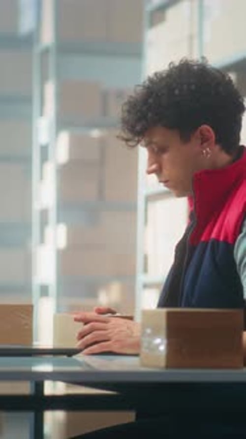 Parcel Processing Specialist Scans Packages Using Barcode Scanner Works on Laptop