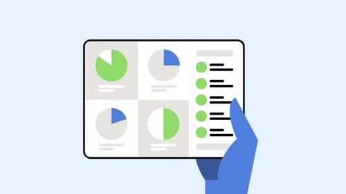 Animated Hand Holding Smartphone with Rotating Data Charts