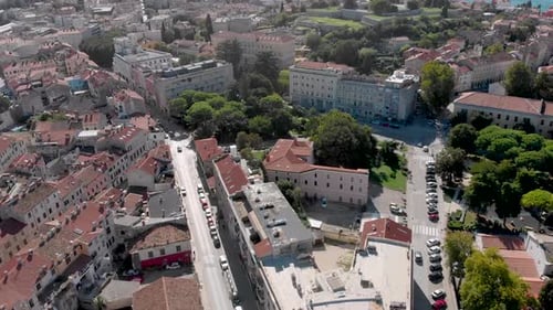 European Architecture of Buildings in Croatia City. Aerial Flying Overhead View.
