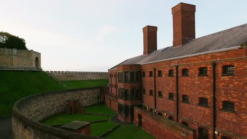 Sunset view of the inside grounds of the famous Lincoln Castle. Located in the historic city of Linc
