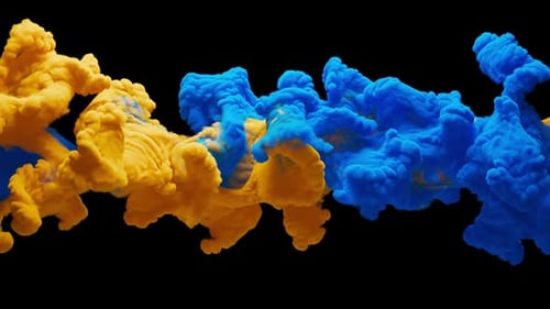 Slow motion 3D animation of yellow and blue thick smoke. With Alpha Channel.