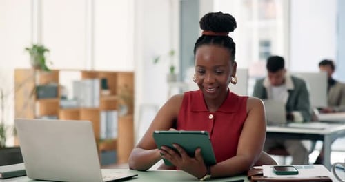 Media agency, internet and woman in office, tablet and planning with website blog