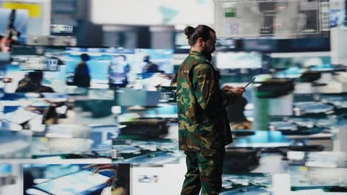 Army Officer Working in a Virtual War Zone with Digital Tech and Satellite Data
