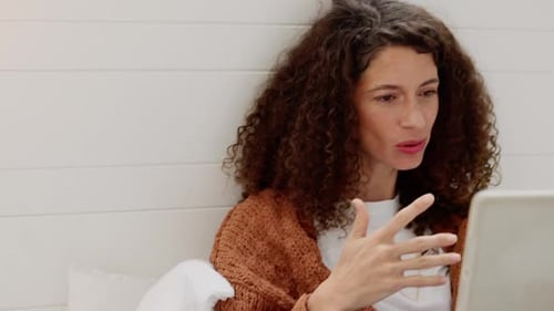 Woman Smiling, Video Calling With Tablet in Bed