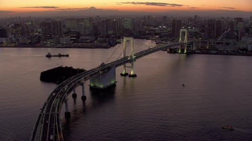 Tokyo, Japan Circa-2018. Flying Over Rainbow Bridge at Sunset. From Helicopter