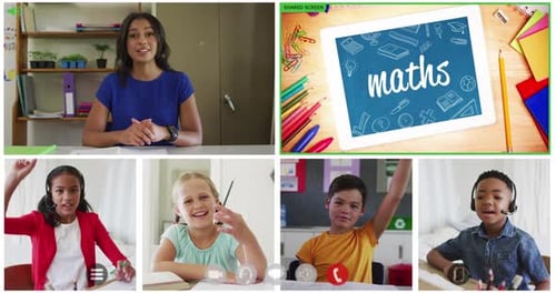 Animation of six screens of diverse children, teacher and maths text during online school lesson