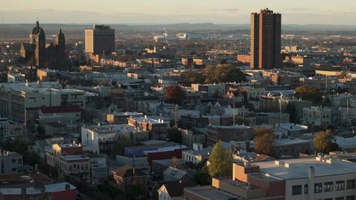 Aerial view of Weehawken New Jersey at dusk