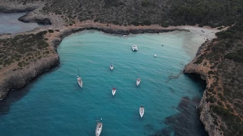 Aerial drone view of Cala Varques beach in Mallorca, Spain. Beautiful bay.