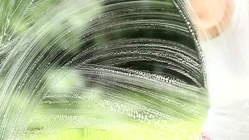 Woman sprays cleaner on glass window at home doing housework