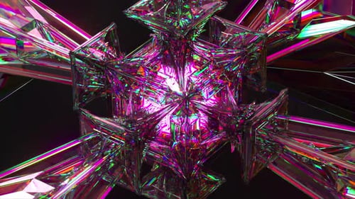 Columns of Diamond Connected in the Center By a Luminous Cube Rotate on an Abstract Background