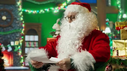 Santa Claus Sitting and Reading Letter in Decorated Home