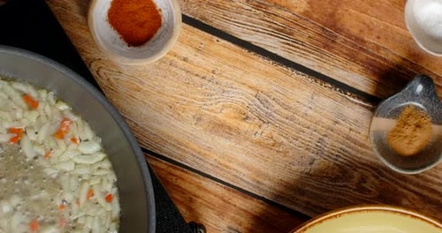 Overhead Shot of Food Cooking in Pan