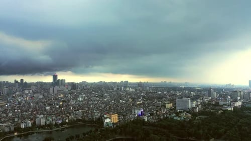 Drone, city and traffic by buildings, skyline or transport with infrastructure