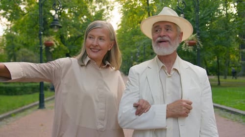 Close Up Happy Aged Family Elegant Couple Caucasian Retired Senior Man Walking Holding Hand Elderly