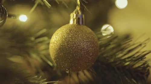 Golden Glittering Christmas Ornament on Tree Branch