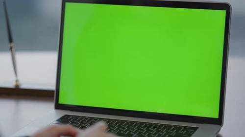 Unknown Businesswoman Using Mockup Laptop for Video Conference Sitting Office Closeup. Unrecognizabl