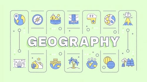 Animated Geography Icons Grid with Text Reveal