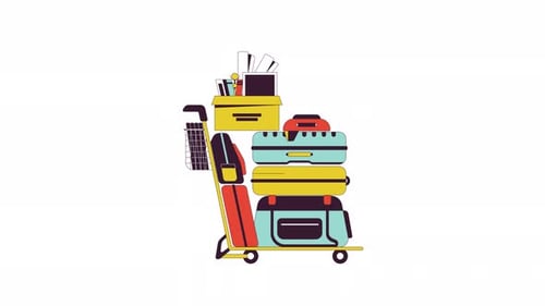 Luggage cart with stack of belongings line 2D object animation