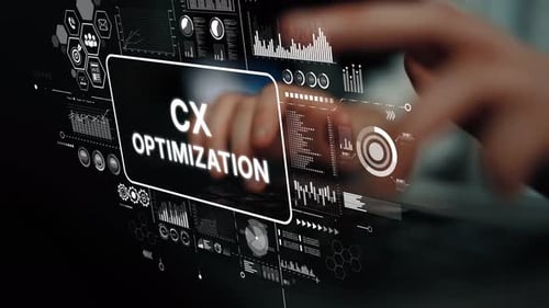 Typing on a Laptop with Digital Customer Experience Overlay