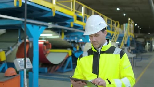 Industriearbeiter, Ingenieur, Mann mit Tablet in der Fabrik, Ausrüstung zur Herstellung von Schwermaschinen und Metallen