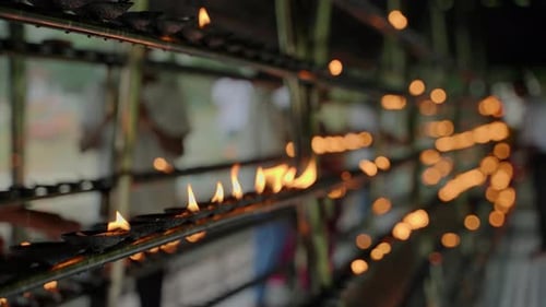 Devotees Oil Lamps in Sri Dalada Maligawa Kandy Oil Lamps Burn at Buddhist Temple People Pray