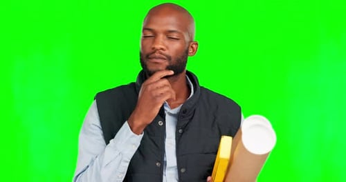 Thinking, no and a black man construction worker on a green screen background in studio holding